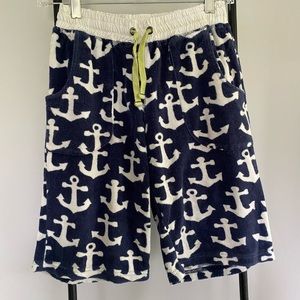 Mini Boden, long terry cloth shorts, navy blue with white anchors, size 10Y